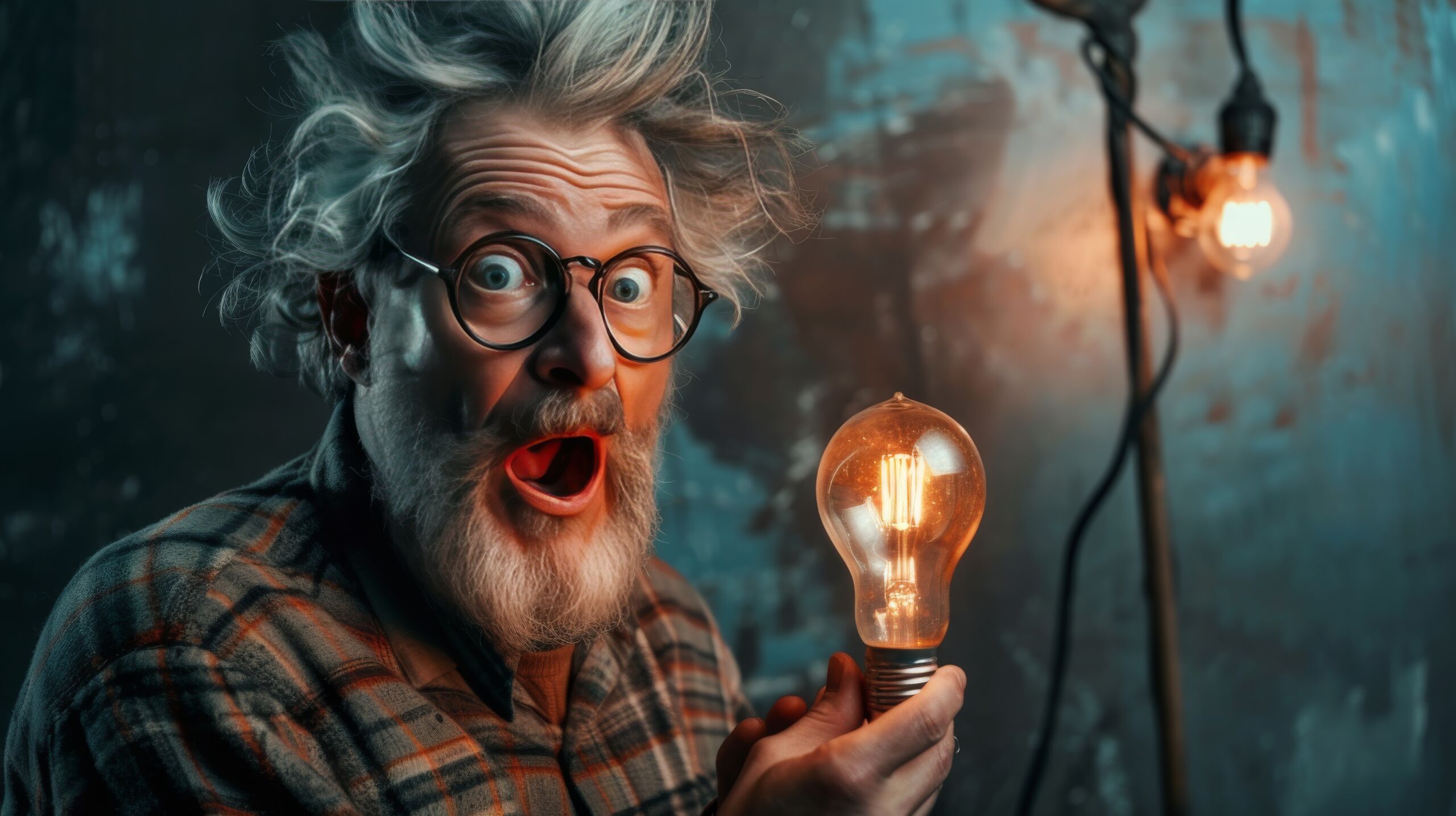 Wide-eyed scientist with wild hair holding a glowing light bulb.